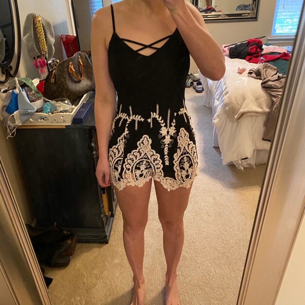 Black and cream lace romper with spaghetti straps